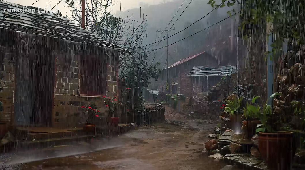 迷雾缭绕的静谧村庄中，舒缓的雨声营造出最适合入睡的氛围。