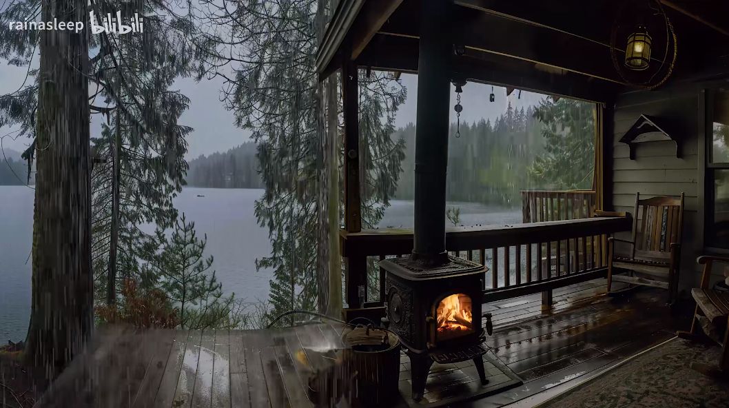 湖畔的小木屋，伴随着温暖的篝火与屋檐下的雨声，让人轻松入眠。